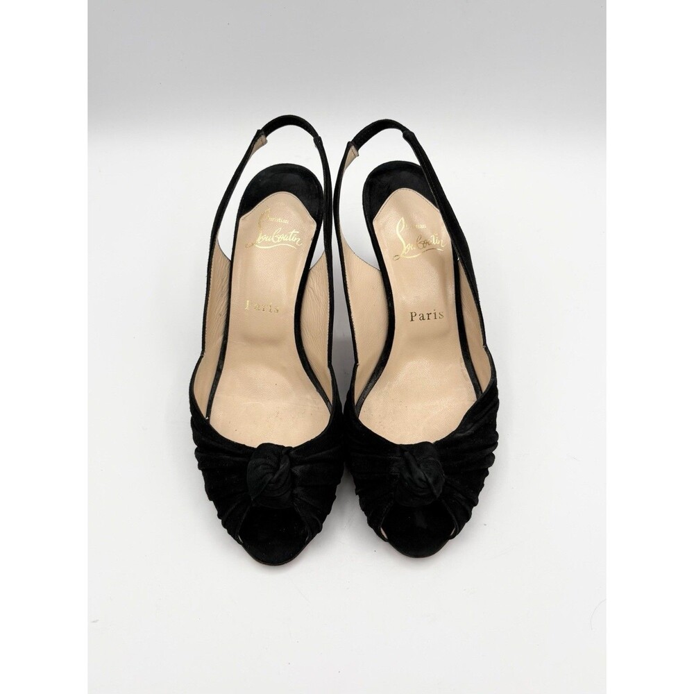 Christian Louboutin Black Suede Slingback Heels Peep Toe Knot Accent Sz EU 38.5 - Picture 5 of 12
